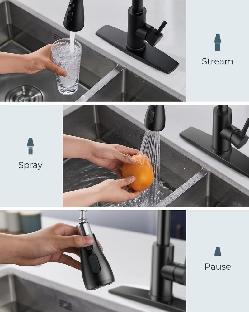 FORIOUS Black Kitchen Faucet with Pull Down Sprayer, High Arc Single Handle Classic Stainless Steel Sink Faucet 1 or 3 Hole, Suitable for Farmhouse Camper Laundry Rv Bar - Image 3